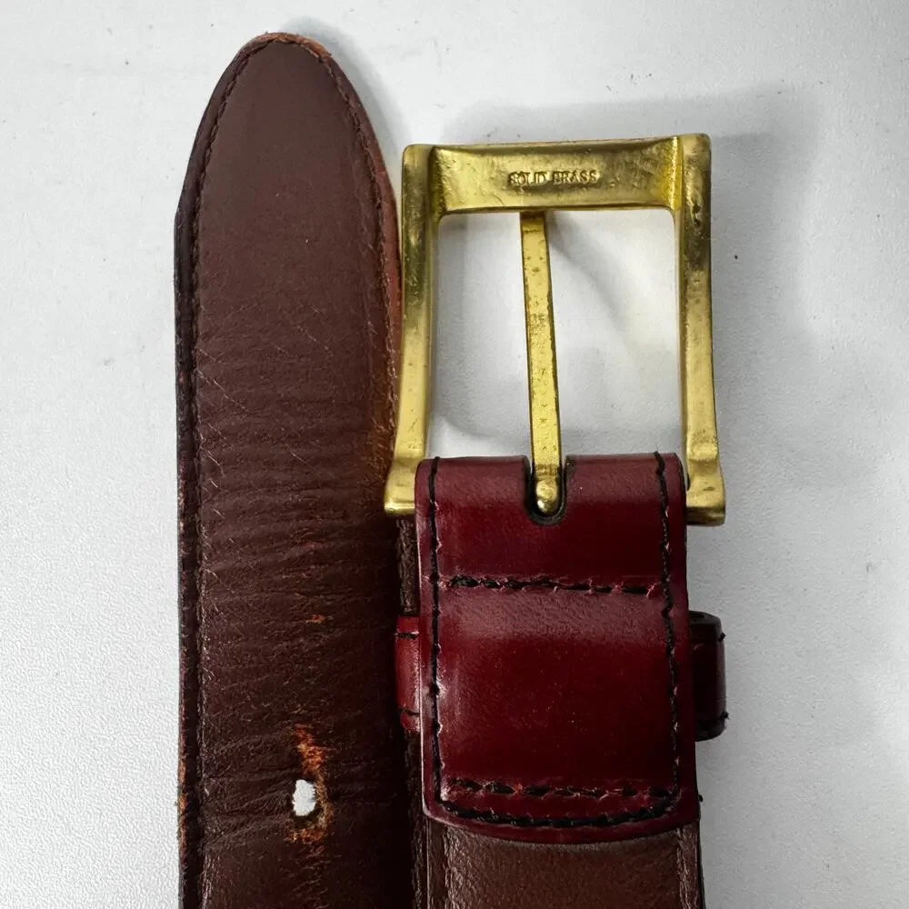 LL Bean Vintage Genuine Full Grain Leather Belt 36 Made in USA Brass Buckle Flaw